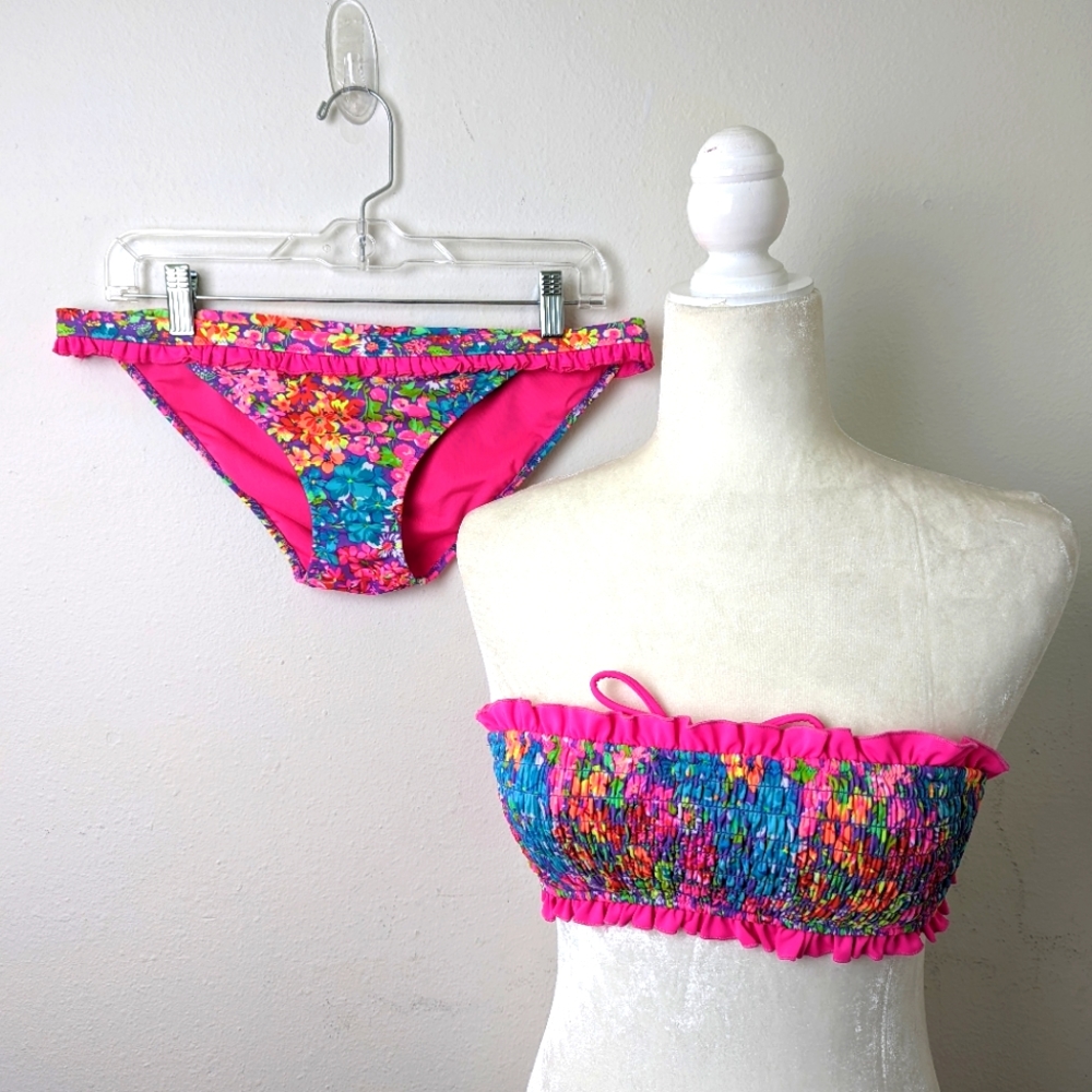Victoria's Secret Bikini Bandeau Smocked Bikini Top Small Floral Bikini Bottom M